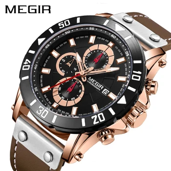 

MEGIR Chronograph Sport Mens Watches Top Brand Luxury Leather Quartz Watch Men Clock Wristwatches Relogio Masculino Reloj Hombre