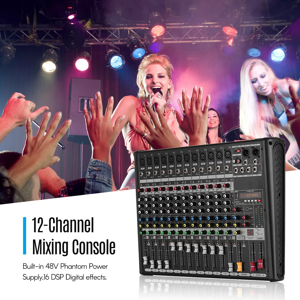 

12-Channel Mixer Mixing Console Built-in 48V Phantom Power Supply 16 DSP Effects with XLR Mic Interface 6.35mm LINE Interface