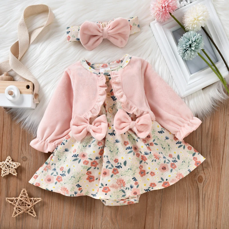 

2023 Autumn Baby Girls Clothes Floral Faux 2PCS Corduroy Romper Dress Long Sleeve Patchwork Ruffle Jumpsuit Bow Headband 0-18M