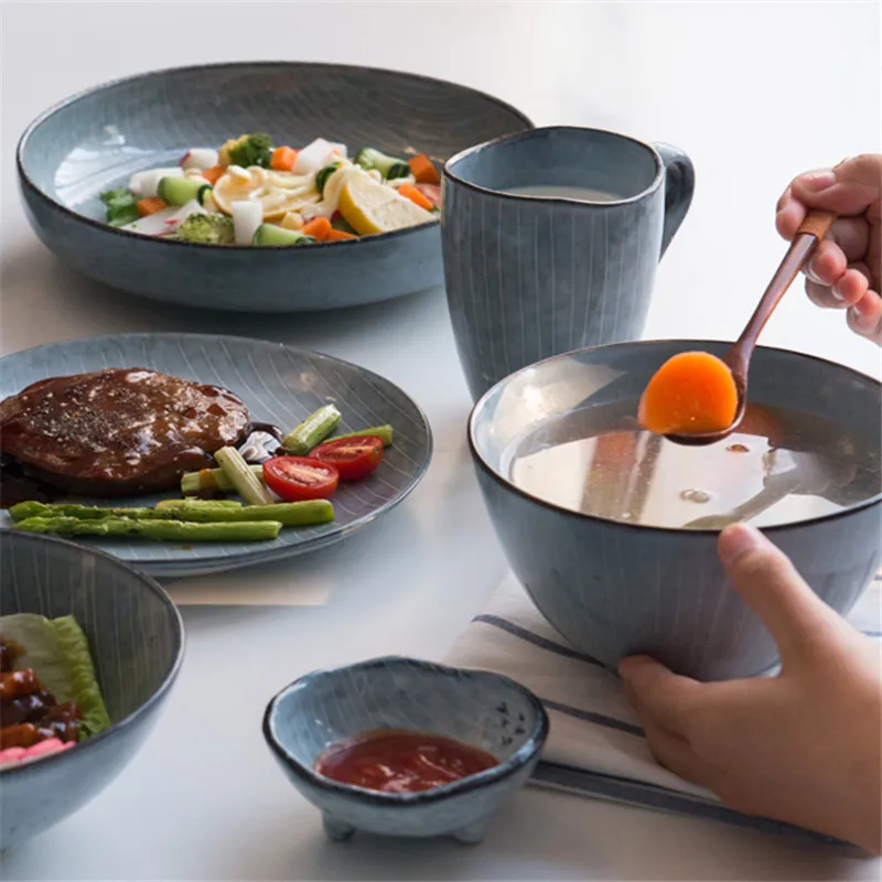 

Japanese Style Retro Tableware Ceramic Dishes Set Household Two People Soup Salad Bowl Dishes Tableware Set