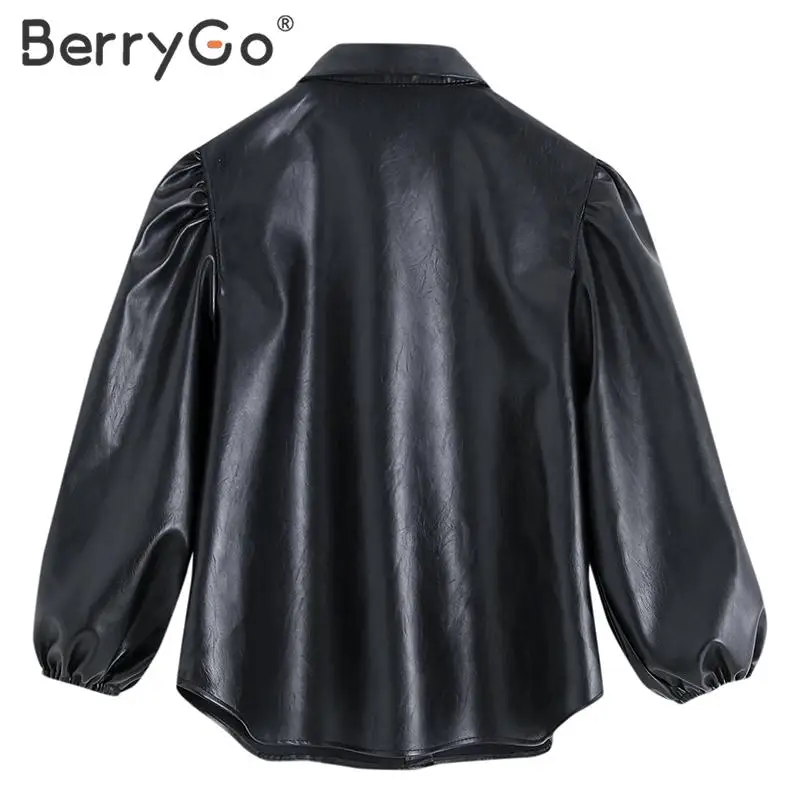 BerryGo Модные Куртки из искусственной кожи для женщин, женская верхняя одежда с пышными рукавами, пальто, Осень-зима, мотоциклетная куртка-бомбер из искусственной кожи, черная куртка
