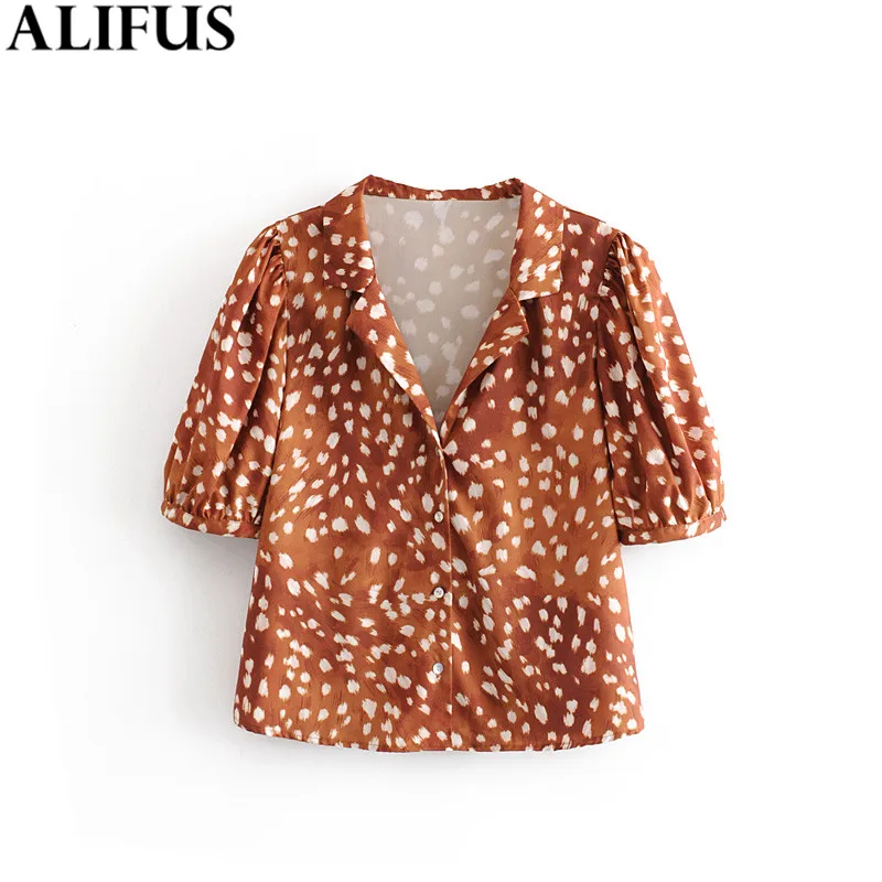  Fashion Za Women Shirt 2019 Vintage Print Casual V-Neck Shirts Blouses Loose Elegant Ladies Short S