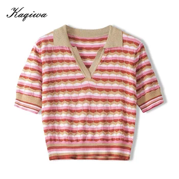 

2020 summer women's new commuter color contrast V-neck bright silk color stripe T-shirt ice silk knitwear B-182