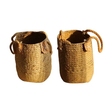 

Storage Basket 2Pc Seaweed Woven Vase Floor Dry Flower Basket Innovative Decorative Foldable Seagrass Belly Laundry Basket