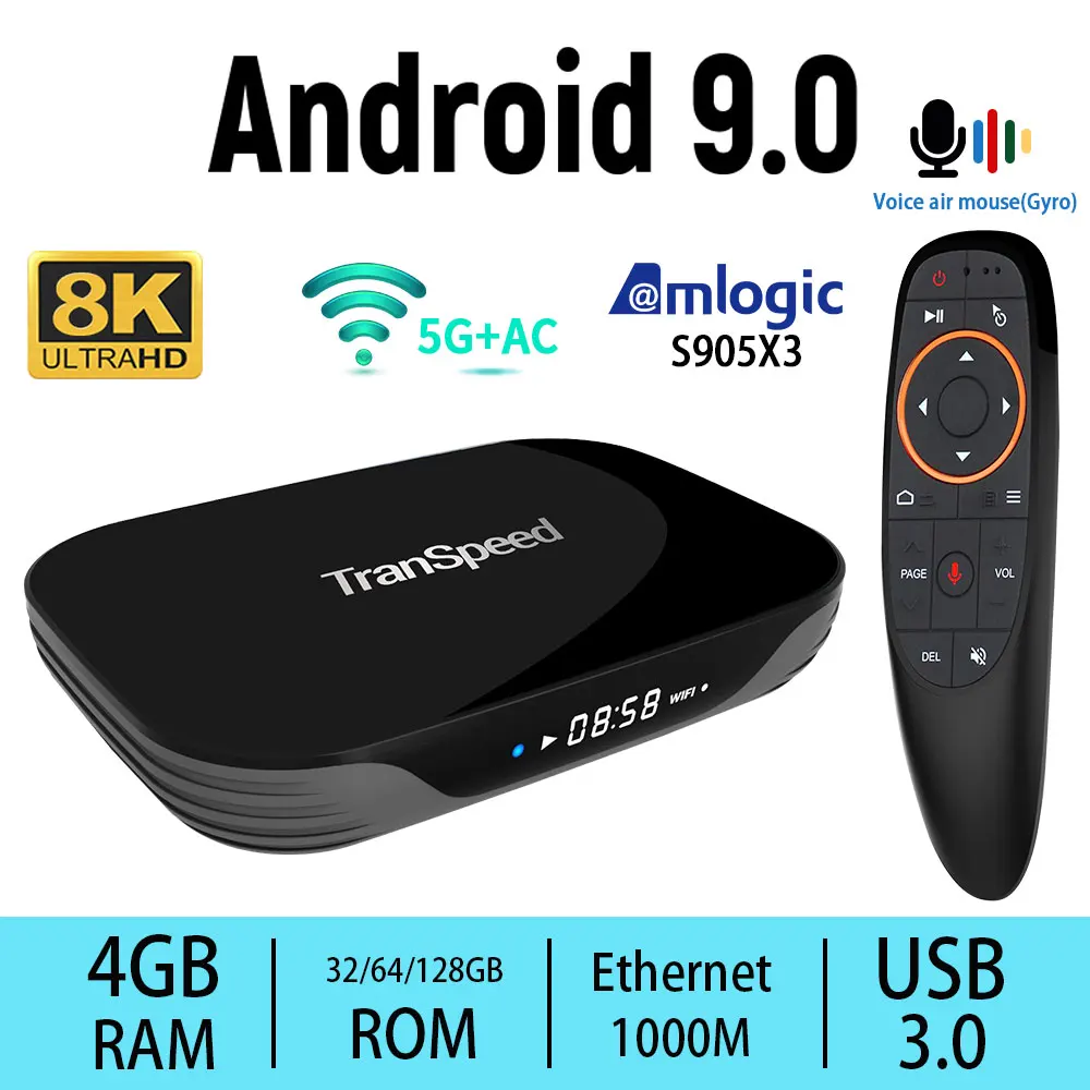 Android 9,0 Transpeed X3 Bluetooth Amlogic S905X3 4GB 32GB 64GB 128GB tv box 8K HDR Youtube Netflix 1000M Wifi tv box
