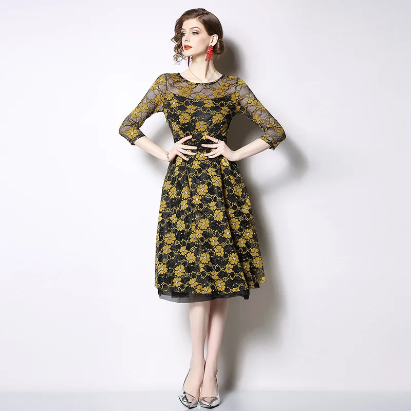 

Ozhouzhan 2019 Spring New Style WOMEN'S Dress-Style Slim Fit Mid-length Joint Lace Dress Explosion