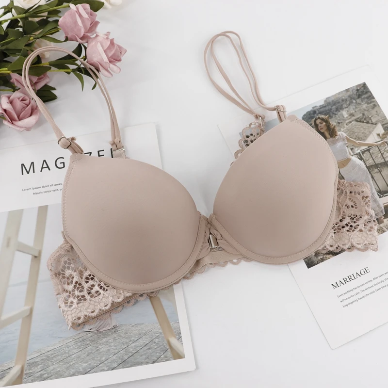 Beauwear бюстгальтер пуш-ап с застёжкой спереди, с подкладкой, на косточках, регулируемые лямки, кружевные бюстгальтеры, мягкая чашечка A B размера плюс, нижнее белье 36-42 - Цвет: Khaki