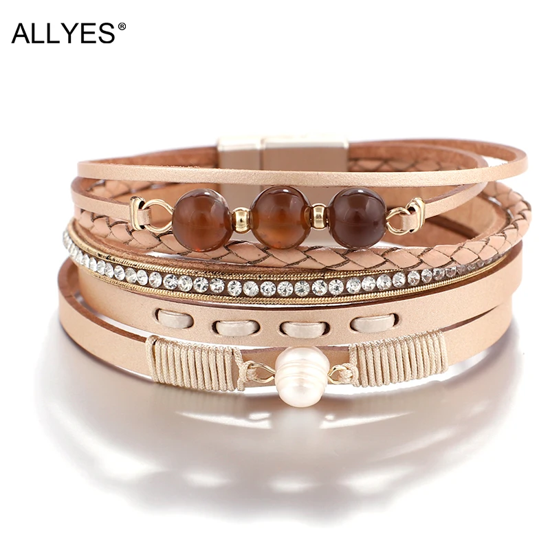 ALLYES Boho плетеный кожаный браслет для женщин натуральный жемчуг Кристалл Шарм Многослойные браслеты и браслеты женские ювелирные изделия