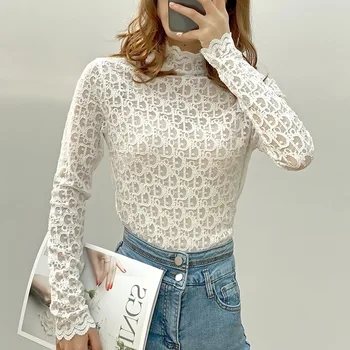

Turtleneck Blouse Womens Mesh Lace Tuxedo Shirts Female Vintage Geometric High Neck Tops Pullover Basic Bottoming White Blouse