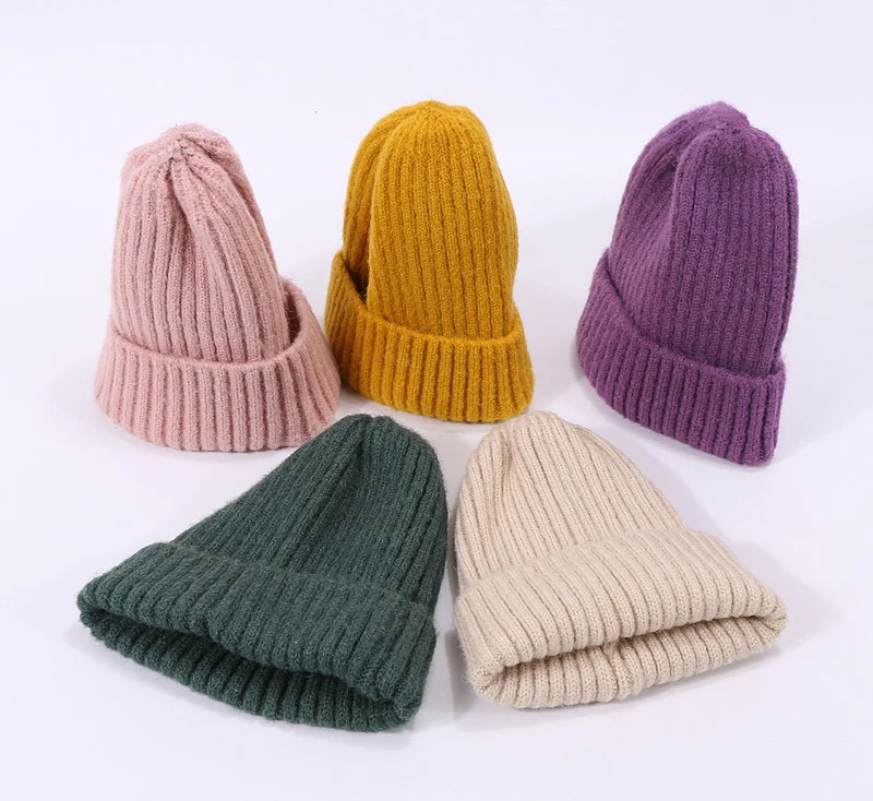 Kids Winter Solid Color Wool Knit Beanie Children Fashion Casual Hat Warm Boy Girl Soft Thicken Hedging Cap Slouchy Bonnet Ski