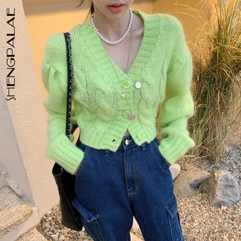 

SHENGPALAE 2020 New Spring Autumn Long Sleeve Jumper Knitted Loose Fashion Pullover Femme Twist Woven V-neck Puff Sleeve ZA4766