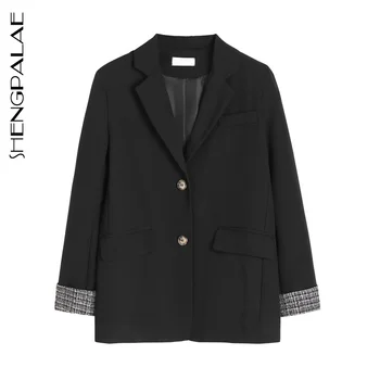 

SHENGPALAE 2020 Fashion Autumn Women Blazers And Jackets Work Office Lady Suit Slim Business Black Stitching Cuffs Coat ZA5596