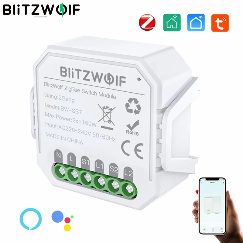 BlitzWolf ZigBee3.0 2300W Smart Light Switch Module Wireless App Remote Voice Control Timer Work with Alexa Google Assistant