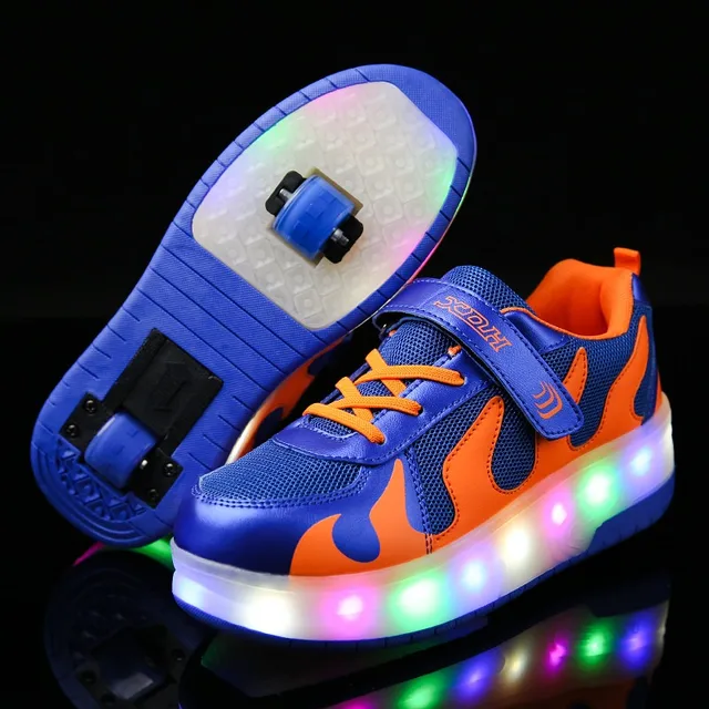 US $13.11 Two Wheels Blue Black Luminous Sneakers Led Light Roller Skate Shoes for Children Kids Shoes Boys G
