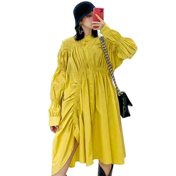 

QING MO Black White Yellow Women Irregular Dress 2020 Women Vintage Loose Dress Female Personality Pleated Dress ZQY2981