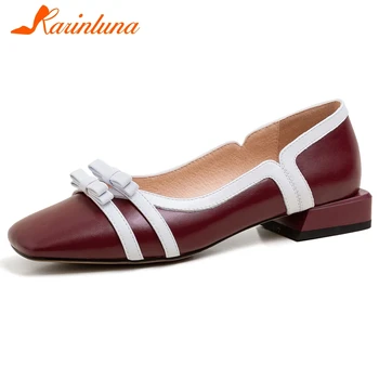 

Karinluna 2020 Fashion New Genuine Leather Square Low Heels Slip On Comfortable Shoes Woman Pumps Sweet Butterfly Casual Pumps