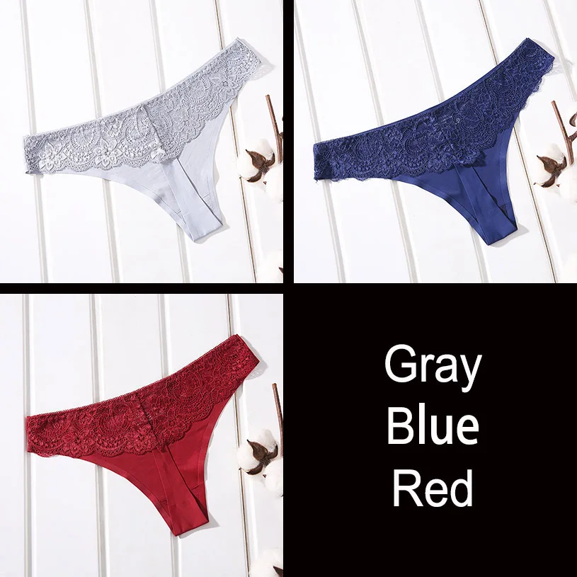 Gray Blue Red 3 шт. / Лот Бесшовные Ice Silk Ткань Женские Трусики Сексуальные Кружевные T Трусики Женские Стринги DULASI - Цвет: Gray Blue Red