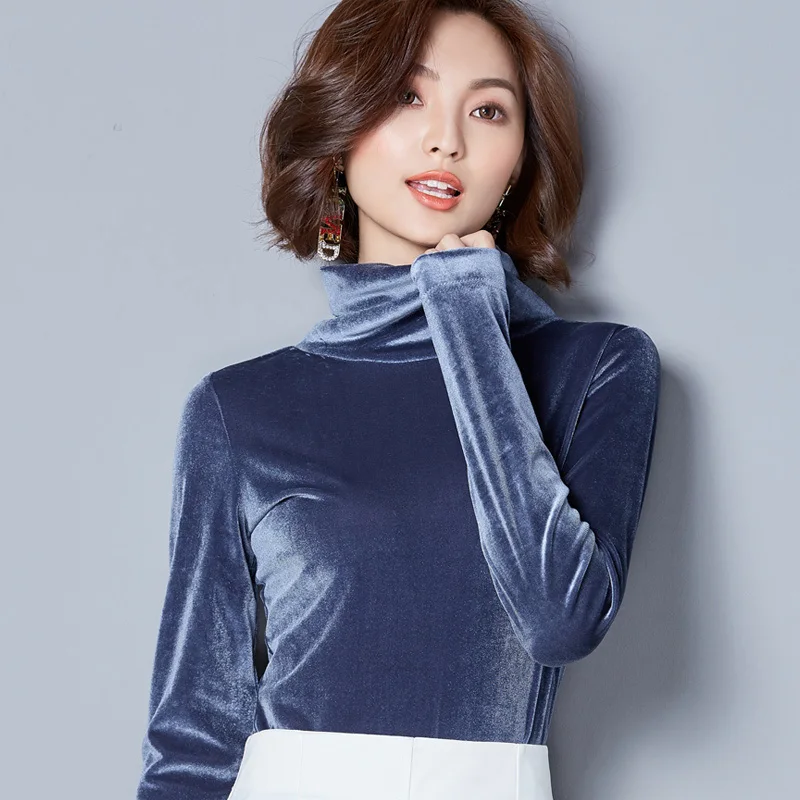 

Turtleneck Velvet Tops Women T Shirt Autumn Winter 2018 New Fashion T-shirt Long Sleeve Basic Casual Plus Size Tee Shirt Femme