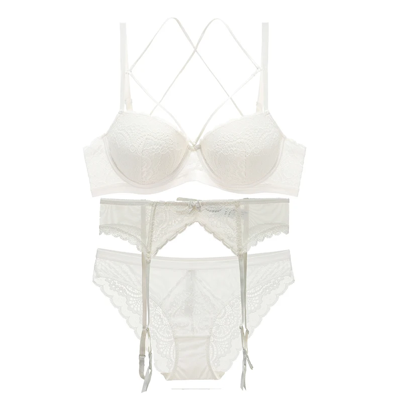 Sexy Lace Bra+ Panties+ Garters Set Underwear Push Up Bra Thick Padded Backless Bandage Bra A B C D Cup Women Lingerie