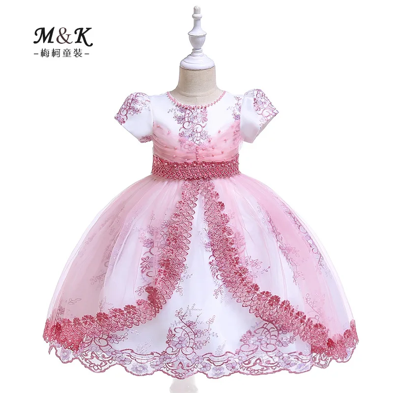 

2019 New Style Short Sleeve Formal Dress Girls Beaded Bracelet Embroidery Princess Dress Lace Wedding Dress Gauze Puffy Formal D