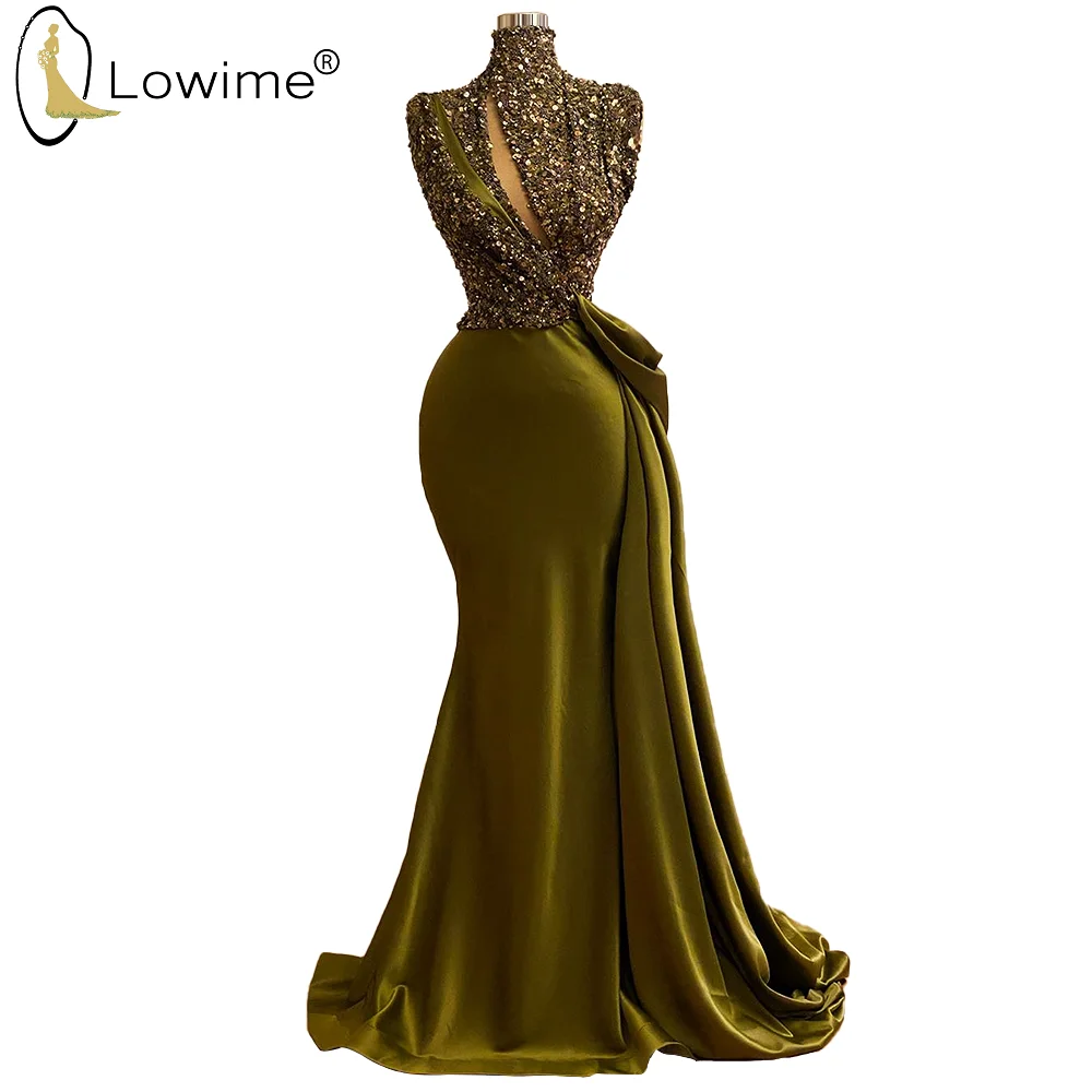 

Arabic High Neck Evening Dresses 2020 Sequined Beaded Top Floor Length Mermaid Party Dress Formal Dress