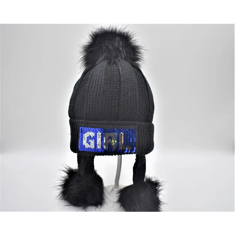 black Winter Hat for Kids Girls Boys Sequin Pom pom Beanie Hat Hip Hop Bonnet Soft Knitted Cap Gorro niña lana czapka zimowa chlopiec - Color: black