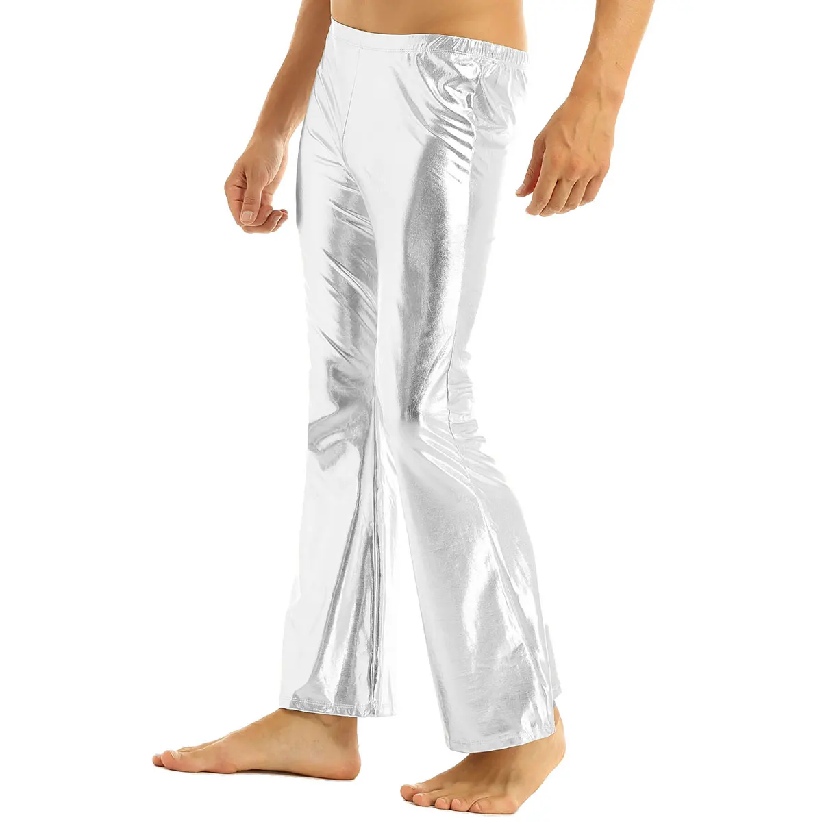 Iiniim/мужские брюки для взрослых в стиле панк для ночного клуба, блестящие металлические брюки в стиле диско с колокольчиком, расклешенные длинные штаны, костюм Человека, брюки