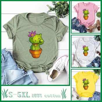 

Plus Size S-5XL New Cute Kitten Plant Print T-shirt Ladies 100% Cotton O-neck Short Sleeve Summer T-shirt Top Casual T-shirt