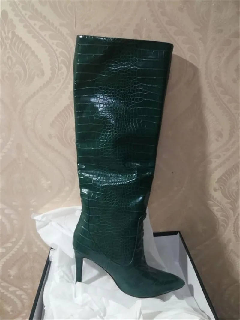 Green Шикарный зеленый сапоги; женские вечерние сапоги-гладиаторы на высоком каблуке; Bottes; пикантные сапоги до колена с острым носком без застежки; Botas; Новинка года; женские сапоги; размеры 34-43 - Цвет: Green