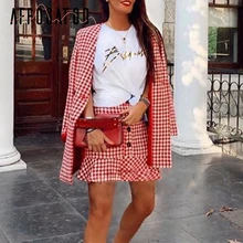 Affogatoo Casual streetwear two-pieces skirt suit women Elegant Double breasted plaid female suit sets office ladies blazer suit