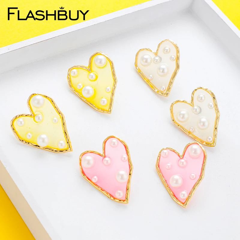 

Flashbuy Heart Drop Earrings for Women Sweet Pearl Acrylic Metal Frame Statement Earrings Trendy Jewelry Fashion Pendientes