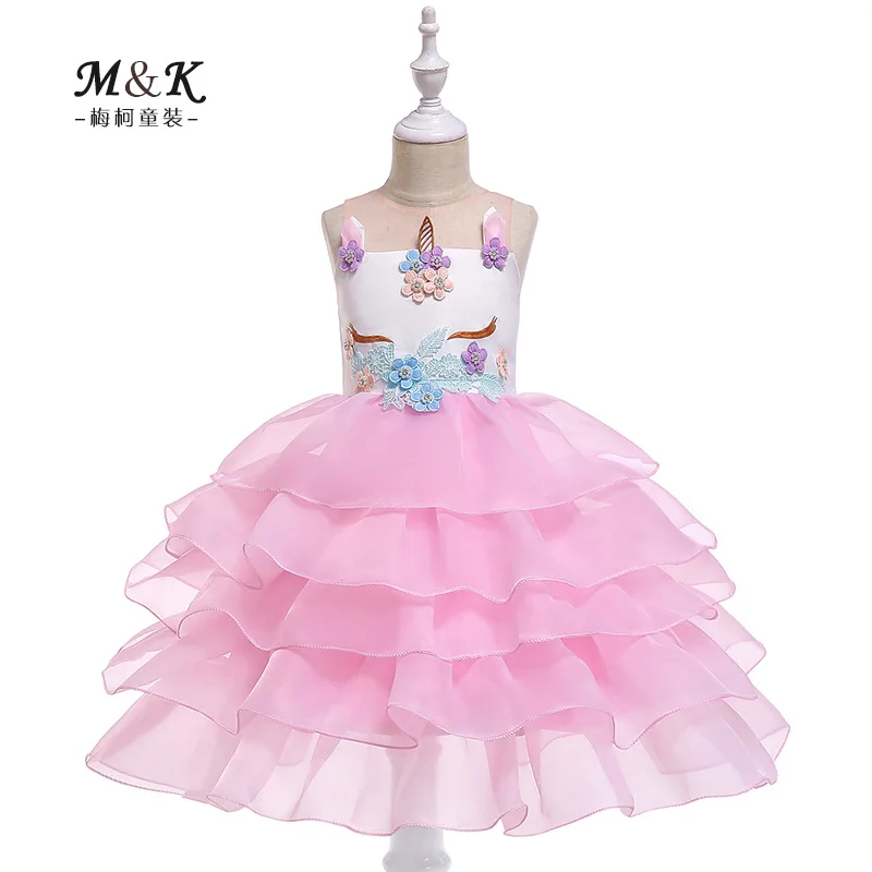 

2019 Europe And America Hot Sales Girls Unicorn Tube Top Dress Flower Stickers Beads Princess Dress Multilayer Organza Cake Dres