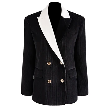 

HIGH QUALITY Black White Stitching Collar Double-breasted Corduroy Blazer Women's Autumn Winter New Office Ladies Suits Blazer