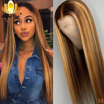 

Aliafee Transparent Highlight Straight Colored Wigs Pre Plucked Lace Front Human Hair Wigs Ombre T Part Wig For Black Women