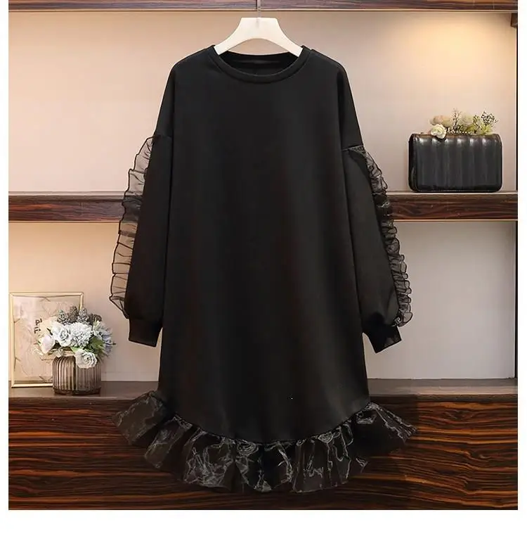 5Xl Зимняя Повседневная Толстовка размера плюс, уличная Женская Осенняя Толстовка с длинным рукавом из органзы в стиле пэчворк с оборками, свободные длинные толстовки