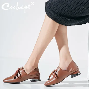 

Coolcept Lacing Real Leather Women Pumps Vintage Style Thick Heel Slip On Women Shoes Casual Outdoor Female Footwear Size 33-43