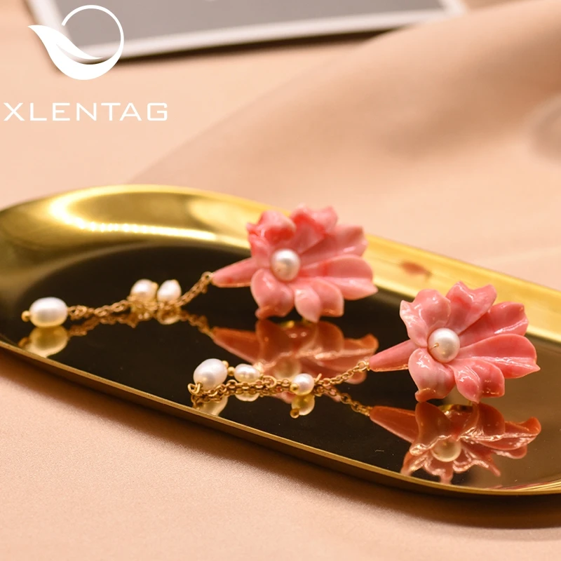 XlentAg 925 серебро Коралловый Розовый цветок висячие серьги для женщин натуральный жемчуг подвеска на цепочке Сережки для пирсинга Новинка GE0006