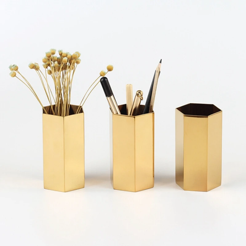 

Nordic Style Gold Vase Hexagonal Pen Tube Diamond Makeup Brush Storage Basket for Household Storage Fashion Decoration