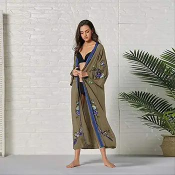

Myodress Women's Boho Floral Embroidery Long Sleeve Open Front Kimono Cardigan Loose Top Blouse Beach Cover Up