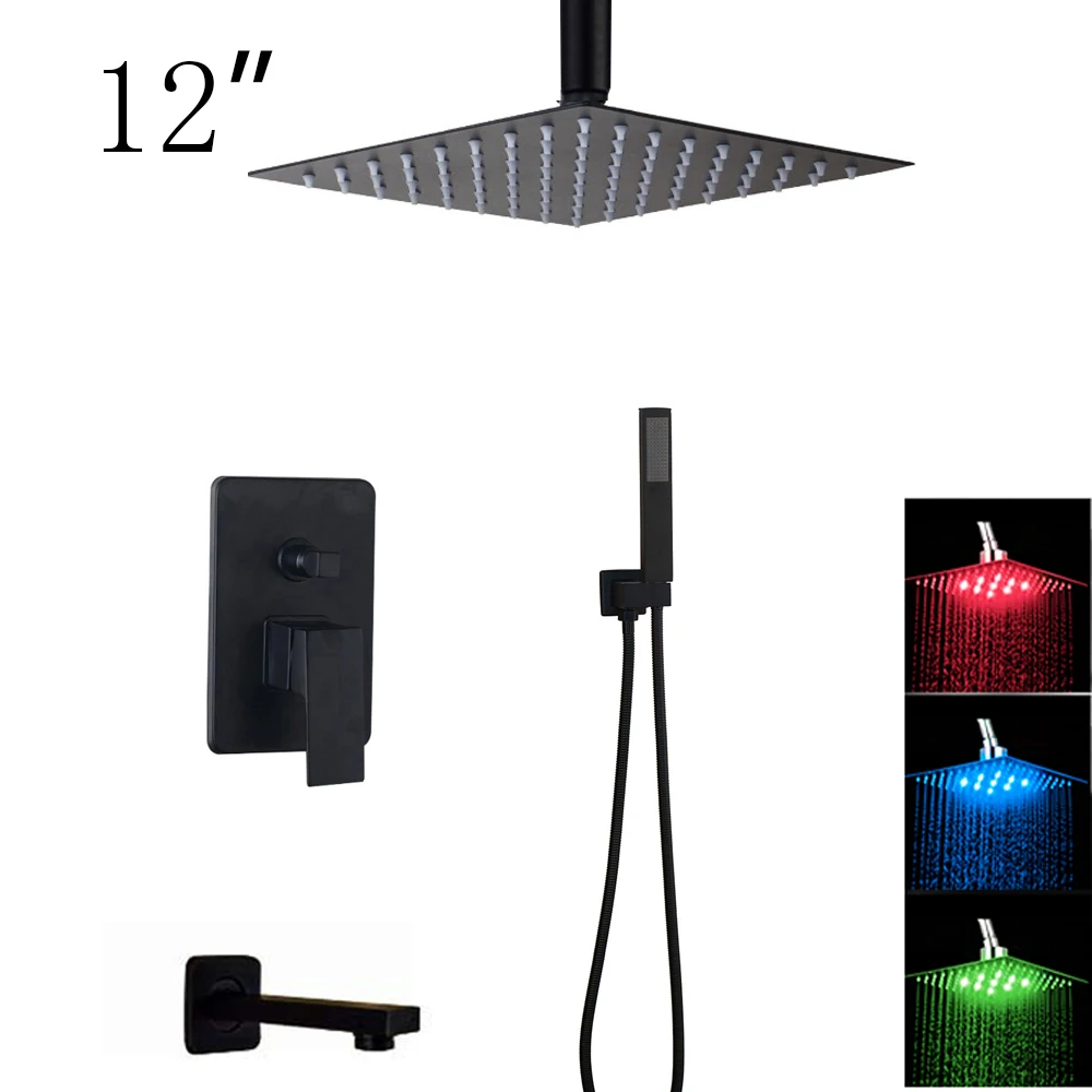 Светодиодный светильник для ванной комнаты, смеситель для душа, латунный черный душ с дождевой насадкой и ручной душ, настенный душевой кран - Цвет: 510191L-12S3