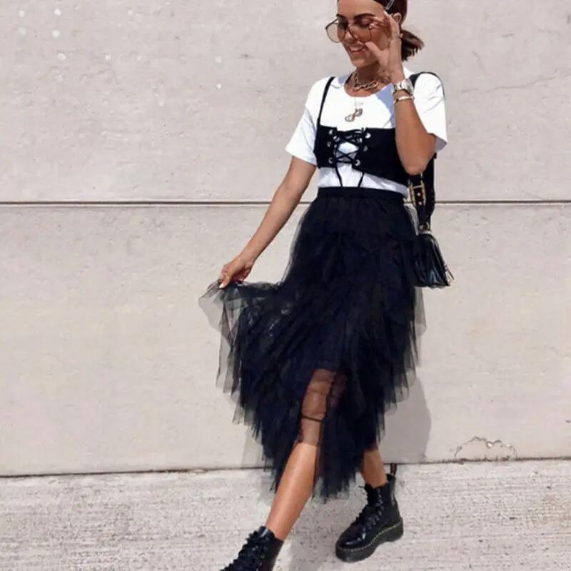 Womens Double Layers Tulle Pleated Retro Fashion Womens Midi Skirt Elastic High Waist Front Slit Skirt 2019 NEW Bandage Skirts Womens Double Layers Tulle Pleated Retro Fashion Womens Midi Skirt Elastic High Waist Front Slit Skirt 2019 NEW Bandage Skirts