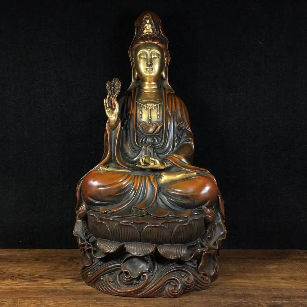 

Home Decor 12" Tibet Buddhism Temple Old Bronze Gilt Real gold Jingping Guanyin Bodhisattva Avalokitesvara Buddha Statue