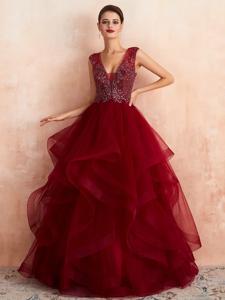 H& S свадебная диадема платья бальное платье vestidos De 15 Anos для девочек красная юбка с оборками Блестки из бисера Вечерние платья для выпускного вечера - Цвет: dark red