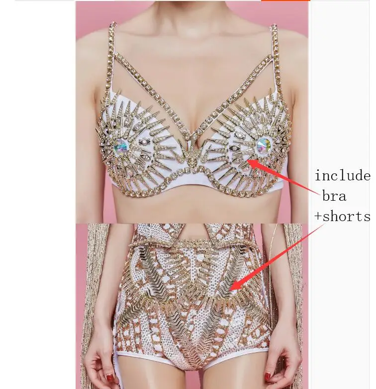 Ночной клуб бар Для женщин Певец джаза DS костюм для танцев со звездами Вокальный концерт производительность наряд подиум для моделей и золотыми кисточками 3 предмета наборы для ухода за кожей - Цвет: top shorts