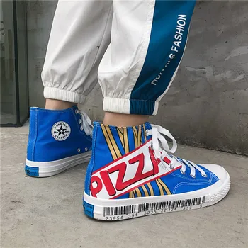 

Young Men's Vulcanize Shoes letter PIZZA Classic Blue Men Vulcanized Canvas Shoes Skateboarding Shoes High Top Sneaker Shoes