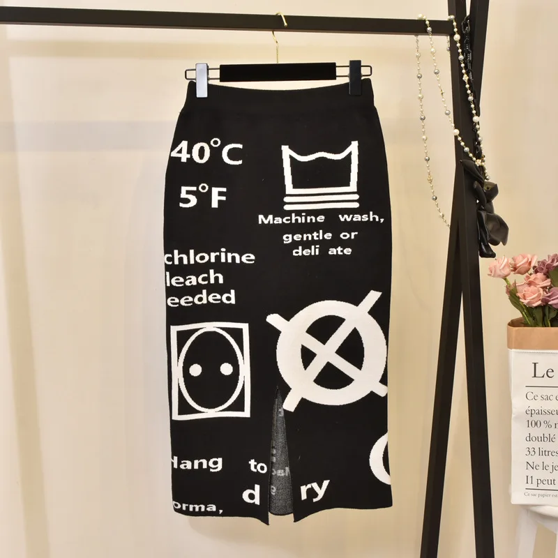 Women's Skirt Knitting embroidery Autumn Letters Knit Thick Soft Pencil Skirts Students Japan Woman Faldas Female LS149
