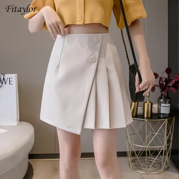 

Fitaylor New Summer Office Lady Mini Pleated Skirt Casual Spring Women Button Asymmetrical Solid Color Red Short Skirts