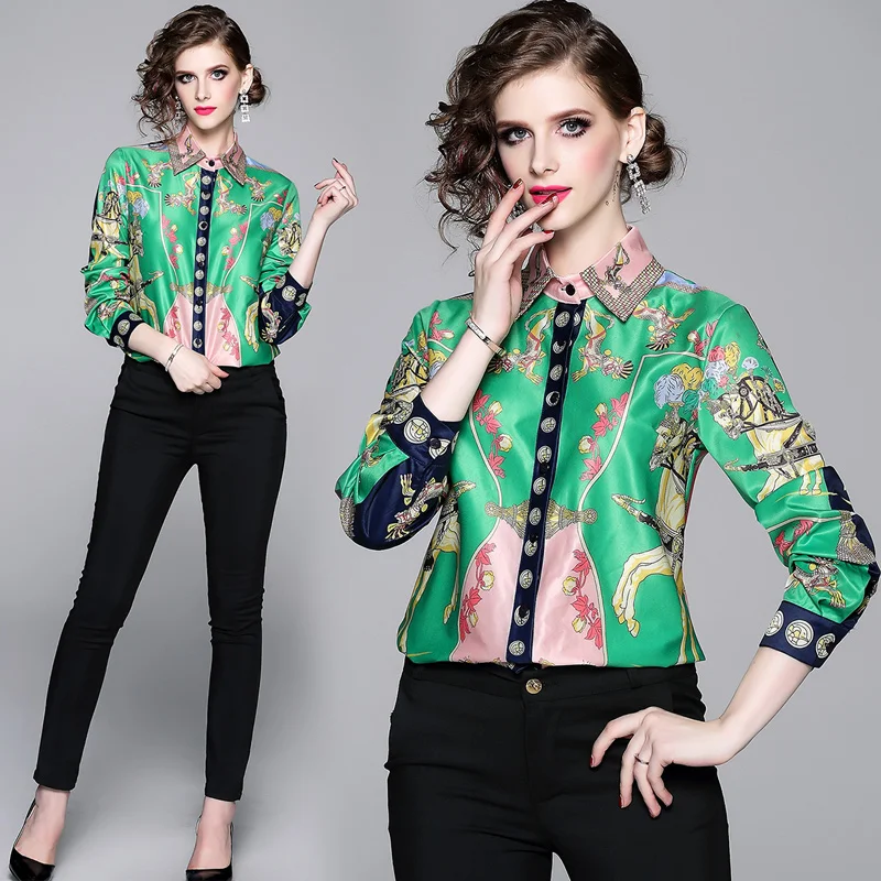 

High Quality Autumn Fashion 2019 Runway Vintage Printed Blouse Womens Long Sleeve Turn-down Collar Office Work Casual Shirt Tops