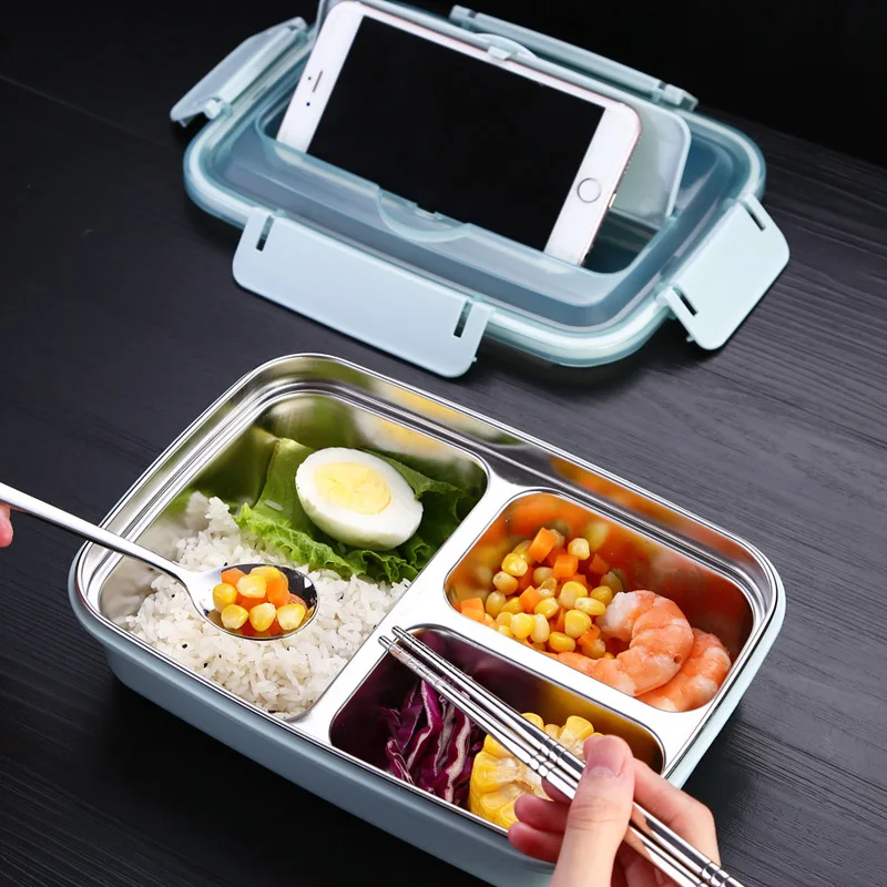 

304 Stainless Steel Container Heat Resistant Sealed Students Thermal Lunch Box Portable Seperated Bento Lunch Box Snack Plate