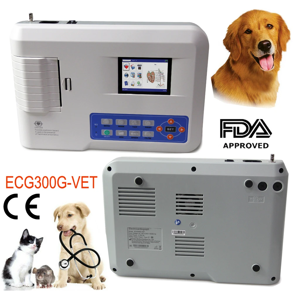 ECG300G-Vet Digital Veterinary Elektrokardiograph Animal 3 Channel Lead ECG Machine Portable EKG Mo